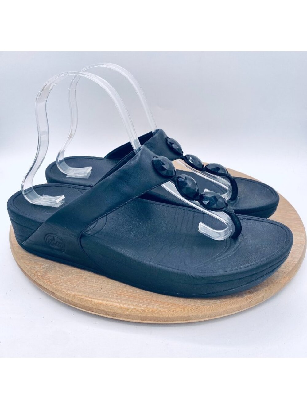 Fitflop Sandals Womens 9 Black Leather Comfort Fino Recovery Wedge Beads